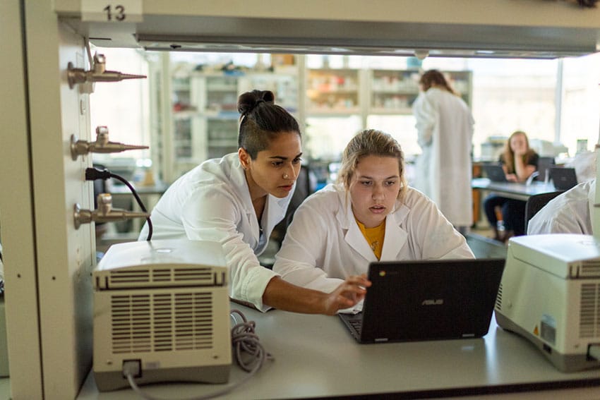 Morgridge postdoctoral researcher Danielle Desa helps a student navigate an imaging software called ImageJ to analyze the images of their cells.