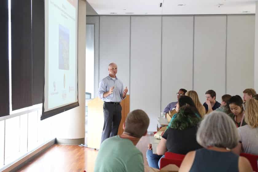 Bill Murphy, co-director of the Stem Cell and Regenerative Medicine Center and professor of biomedical engineering at UW–Madison, discusses the field of regenerative biology at a lunchtime lecture. Murphy has been an integral part of the camp since its inception in 2006.