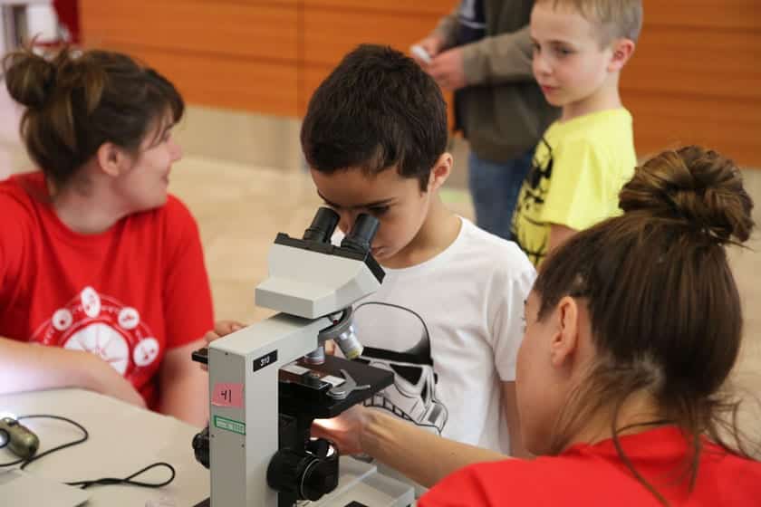 A young visitor looks at cell samples under a microscope during a Science Expeditions event at the Discovery Building. The activity was developed as part of the Discovery Incubator program.