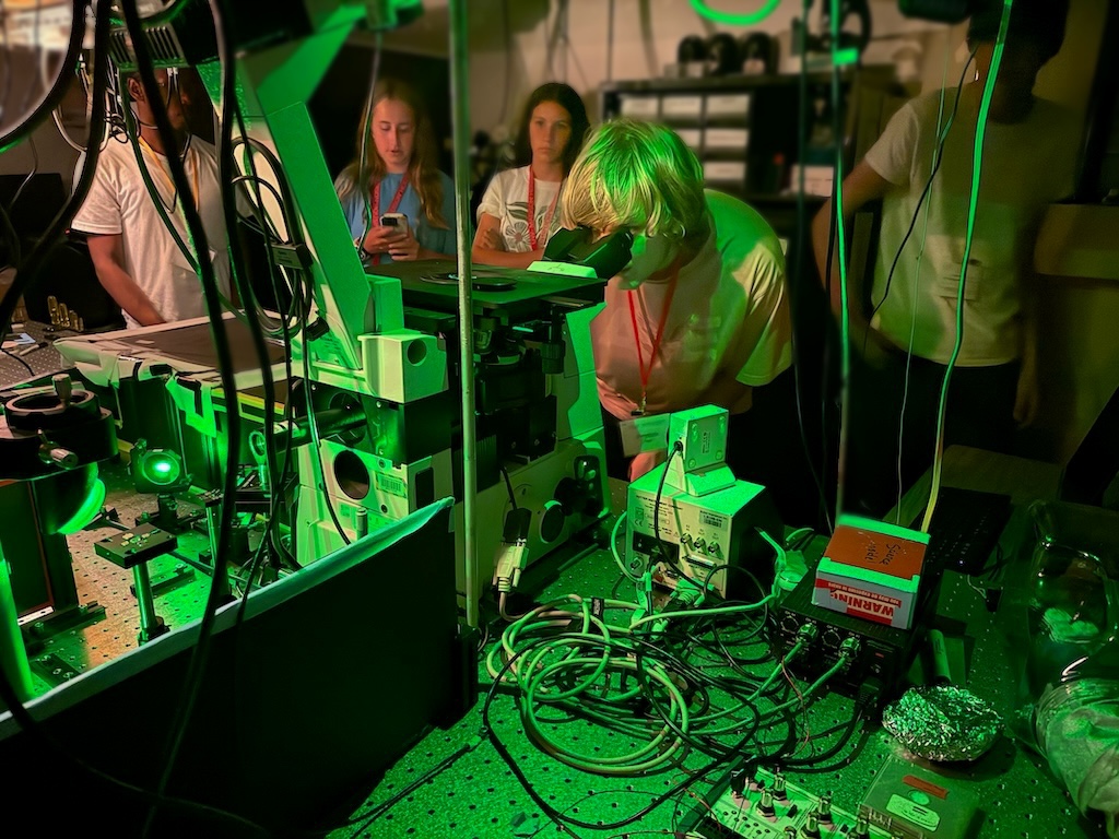 At the Department of Chemistry, campers peer into advanced microscopes that can examine samples one molecule at a time.
