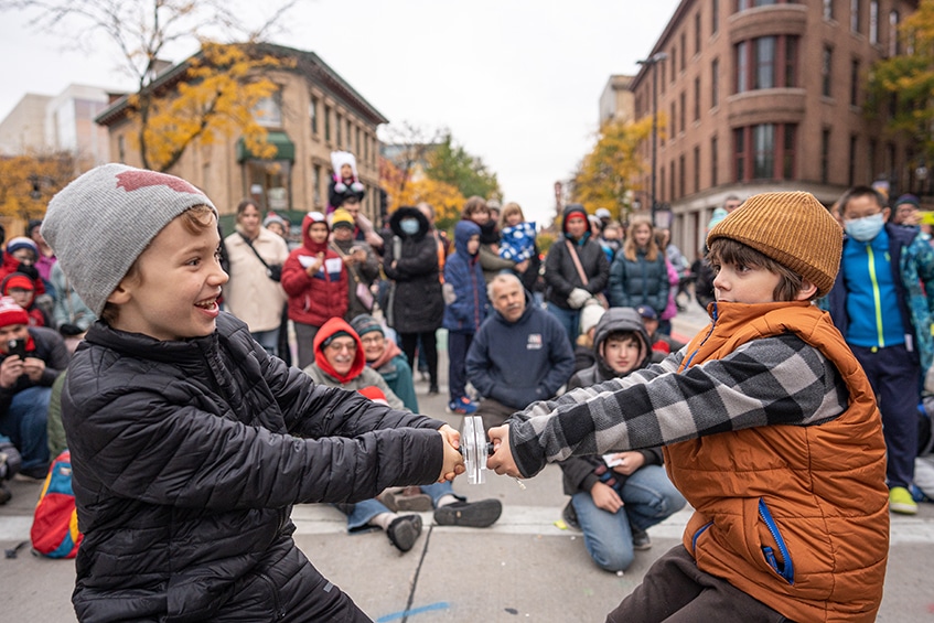 Feeling the (air) pressure with a friendly game of tug-of-war.