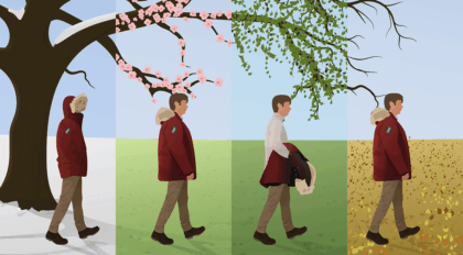 A man walking through all four seasons