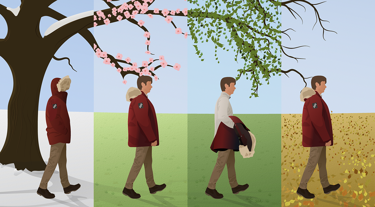 A man walking through all four seasons